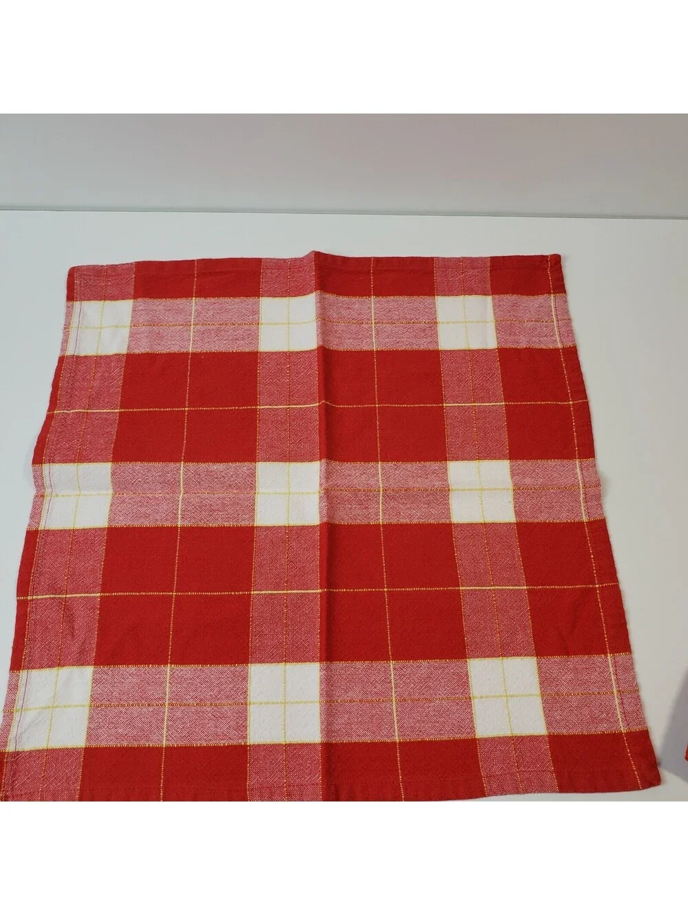 Set of 4 Napkins Cotton Blend Red Buffalo Checked  Yellow Ticking Stripe Picnic